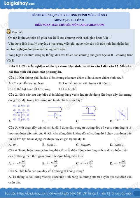 Đề thi giữa học kì 2 Vật lí 12 Kết nối tri thức - Đề số 4